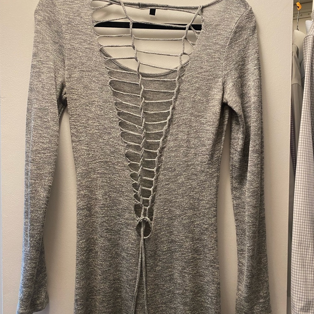 Long sleeve, maxi-length heather gray jersey knit dress.